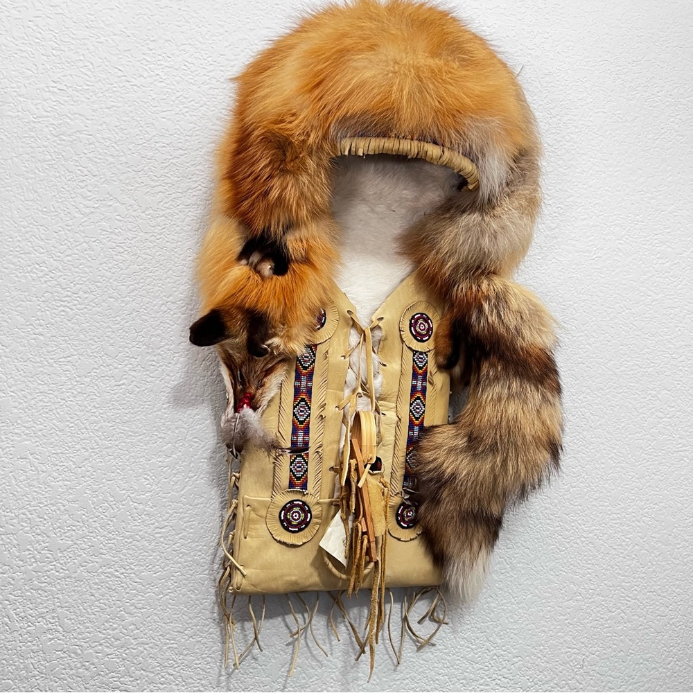Vtg Native American Art Cradleboard Papoose Carrier bead Leather Fox Fur Doll